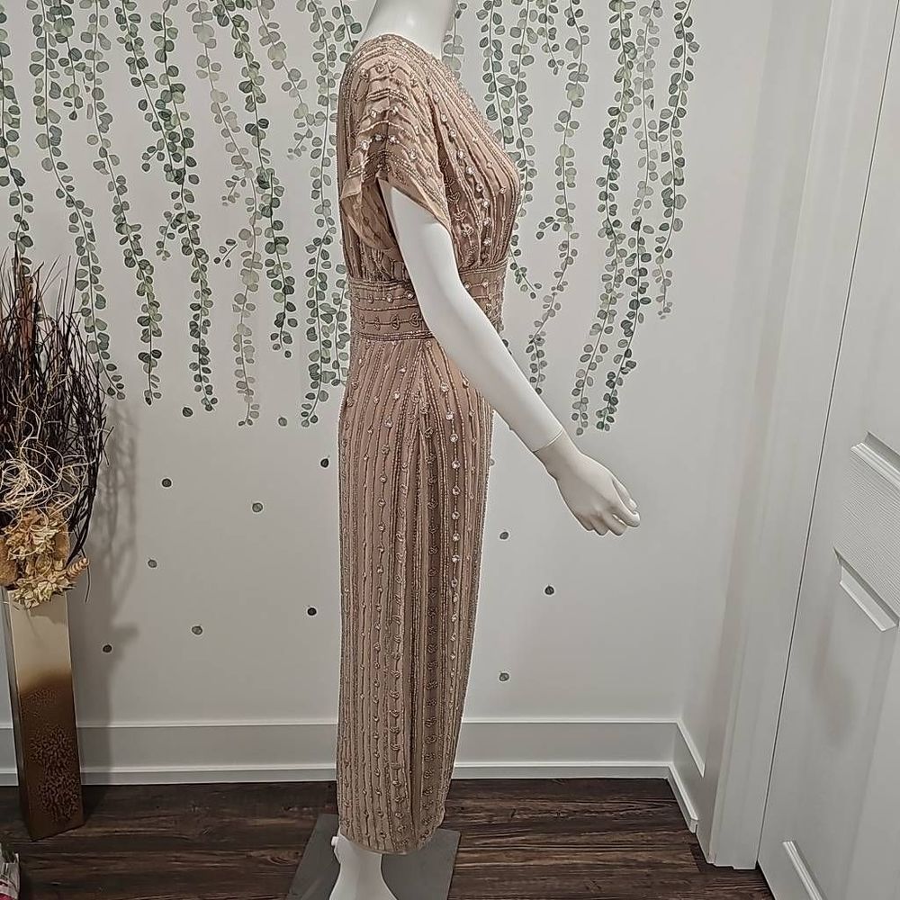 Mac Duggal Beaded Chiffon Short Sleeve Boat Neck Sheath Midi Dress Sz 6 - Picture 7 of 12
